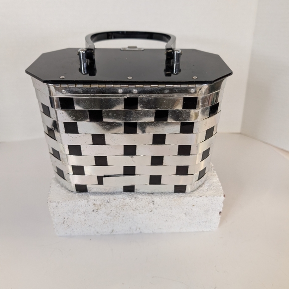 Vintage Bag Box Purse  Black Silver Basket Weave 1950 Handbag - Picture 2 of 4
